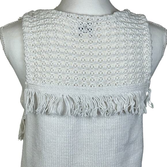 by Anthropologie Crochet Vest Size Medium White Cotton Silk Fringe Boho Knit Top - Picture 7 of 12